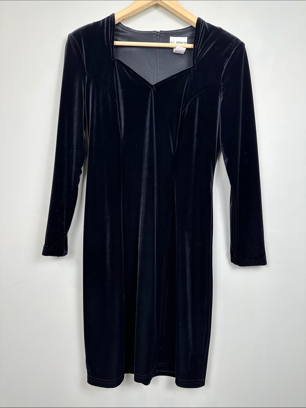 135. vintage K.C. SPENCER velvet, long, sleeved dress, sweetheart neck.